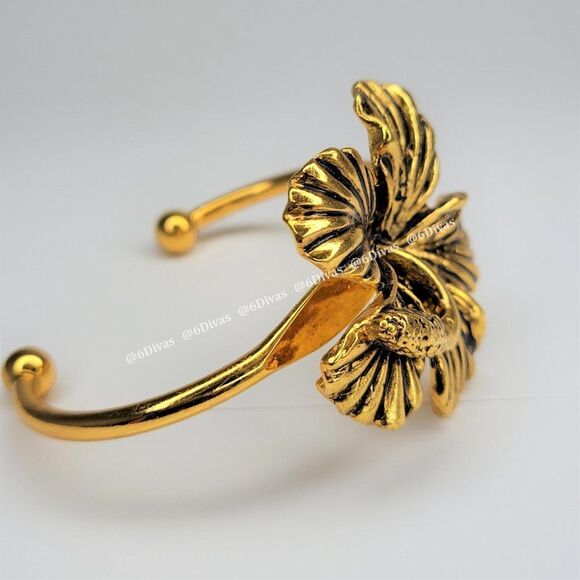 HIBISCUS Flower Cuff Bracelet Plated in Antique Gold - Picture 1 of 11